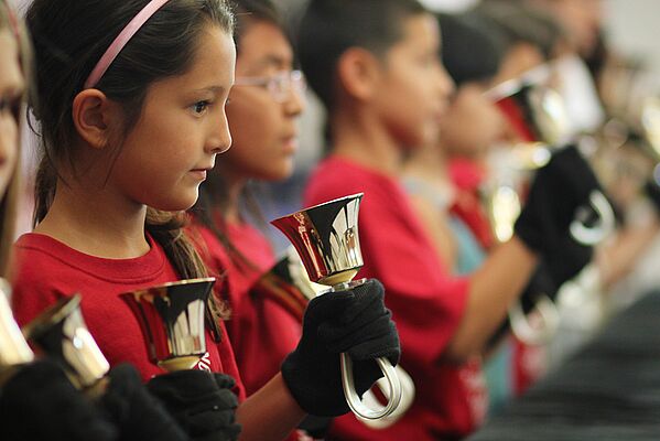 Summer Music Camp student Elyse Abad performs in a hand bell choir at La Sierra University. The music camp is a program of the Academy of Visual and Performing Arts. (Photos by Jason Anthony)